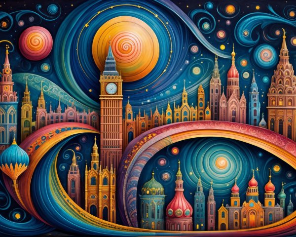 Vibrant Nightscape with Global Architectural Elements
