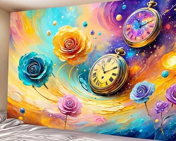 Vibrant mural with cosmic colors and ornate clocks