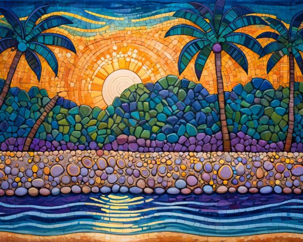 Vibrant Mosaic Landscape with Sunrise Over Hills