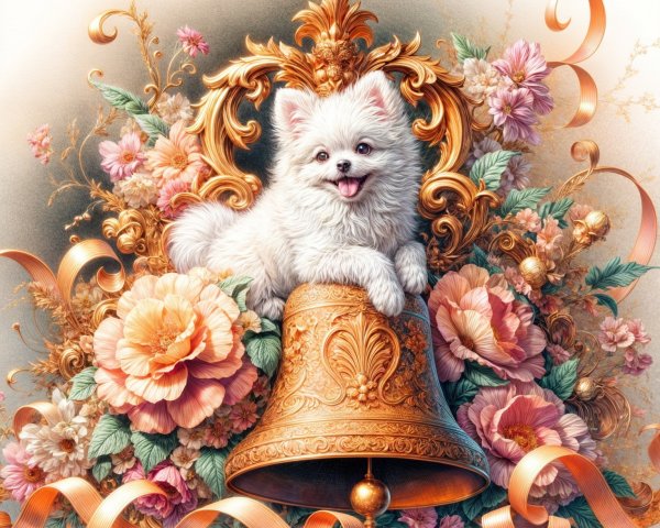 Fluffy Pomeranian Puppy on Golden Bell with Flowers