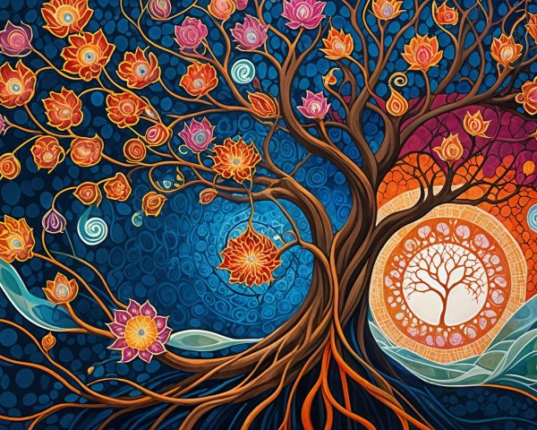 Abstract Tree with Colorful Leaves and Mandala Design