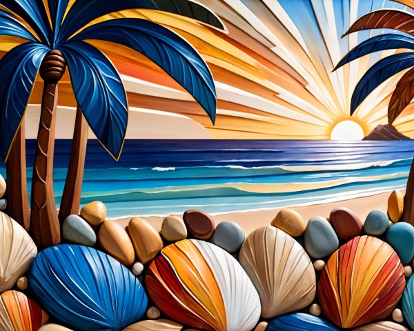 Vibrant Tropical Beach Scene with Palm Trees and Sunset