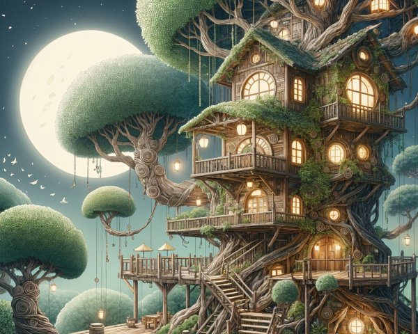 Whimsical Treehouse in a Vibrant Woodland Setting