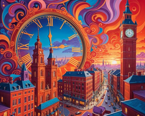 Vibrant cityscape at sunset with decorative clock