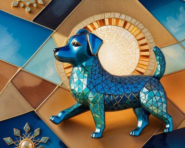 Vibrant Blue Dog Figurine with Geometric Background