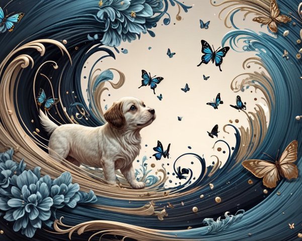 Playful Puppy in a Whimsical Floral Landscape