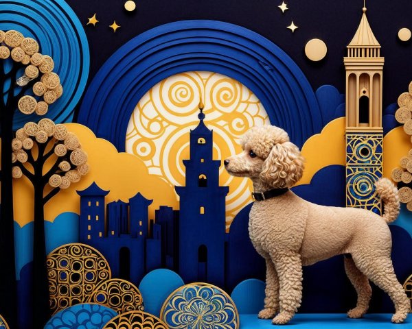 Cream Poodle Against Vibrant Layered Paper Art Backdrop