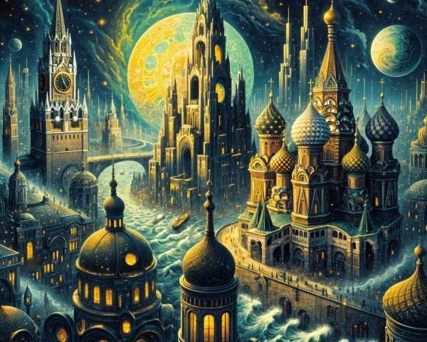 Fantastical cityscape with ornate towers and galaxies
