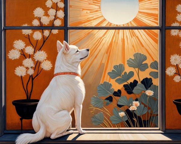White Dog by Window with Lush Outdoor View