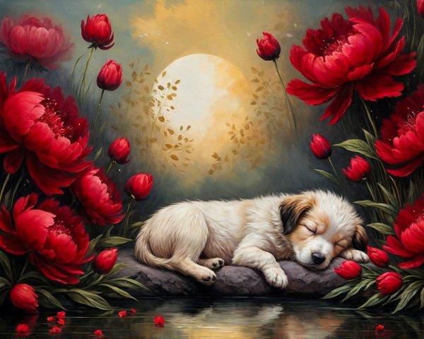 Puppy Sleeping Among Peonies and Moonlight