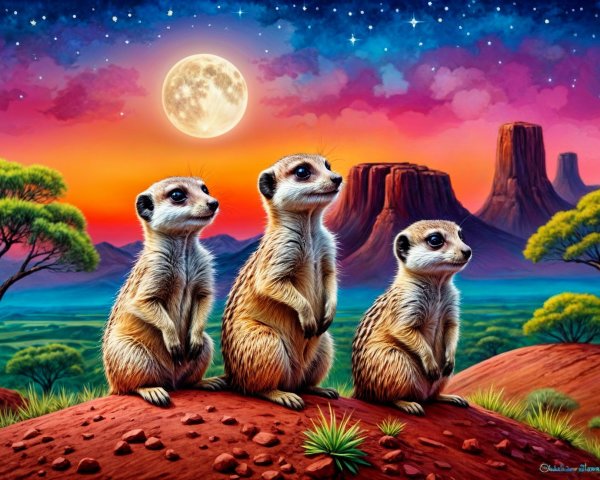 Meerkats on Hill Under Vibrant Sunset Sky