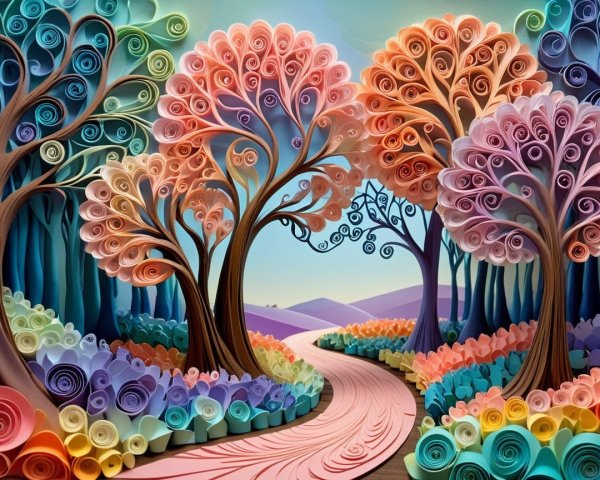 Whimsical Landscape with Colorful Trees and Garden