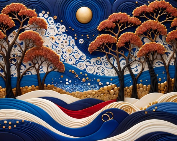 Enchanting Scene of Waves and Colorful Foliage