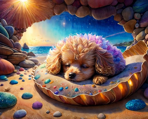 Dreamy Poodle on Colorful Cushion in Beach Cave