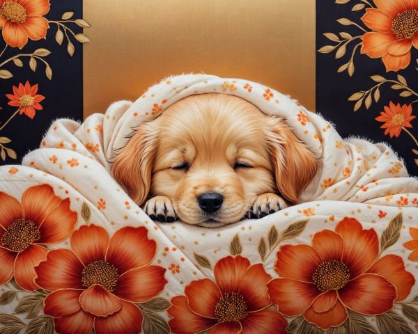Golden Retriever Puppy Sleeping in Cozy Blanket