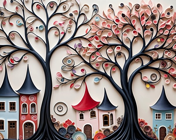 Whimsical Trees and Colorful Houses in Playful Scene