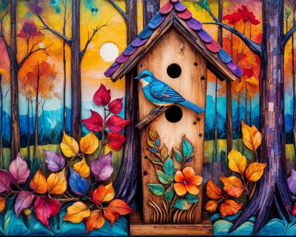 Vibrant Autumn Landscape with Birdhouse and Sunset