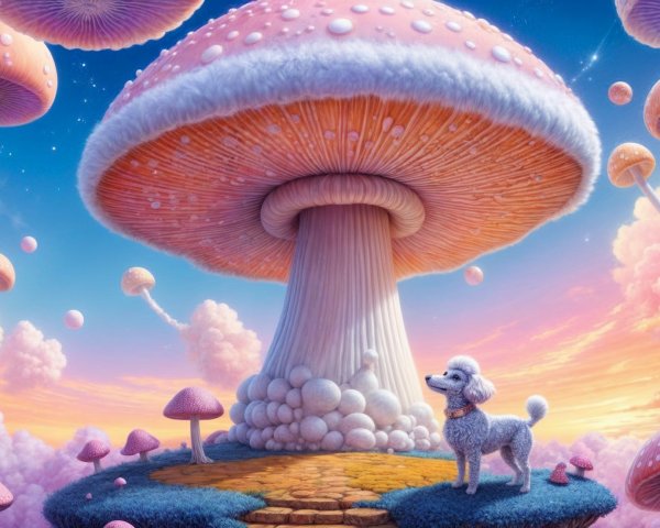 Whimsical Landscape with Giant Pink Mushroom and Poodle