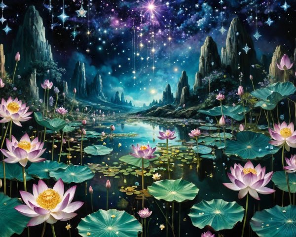 Surreal Landscape with Lotus Lake and Mountains