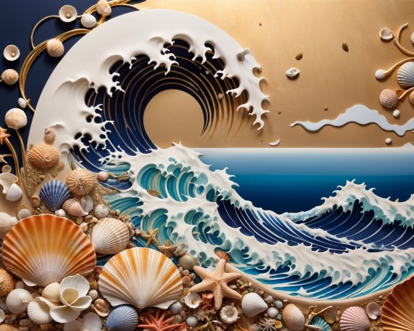 Dynamic Ocean Scene with Stylized Wave and Seashells