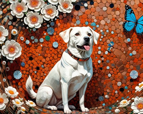 White Dog Against Colorful Mosaic Background