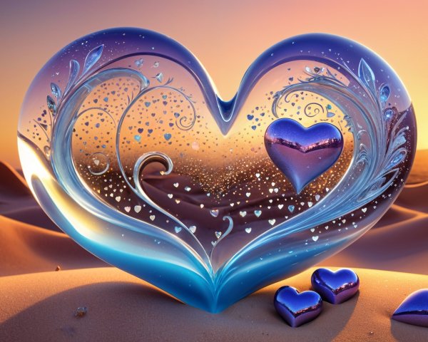 Intricate Glass Heart Against Desert Sunset Backdrop