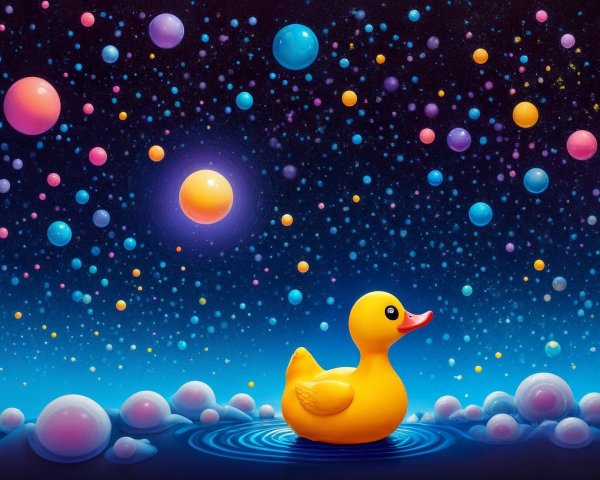 Yellow Rubber Duck on Cosmic Water Background