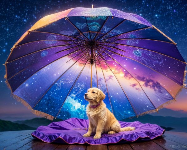 Golden Retriever Puppy Under Cosmic Umbrella