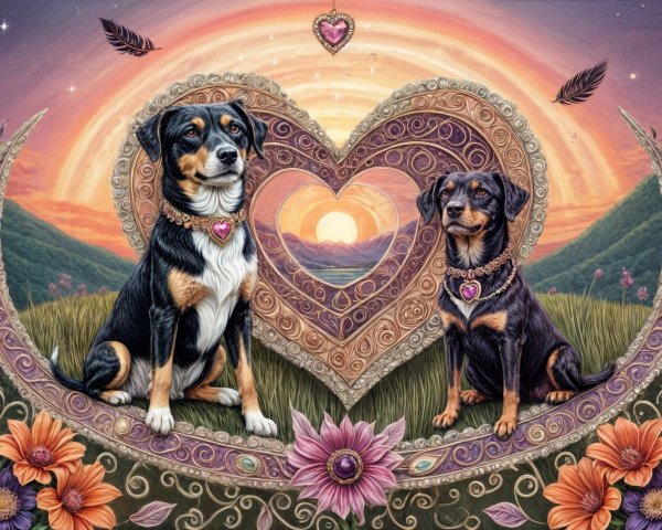 Two Dogs in Heart Shape with Floral Patterns