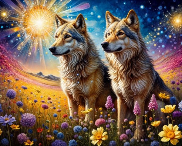 Wolves in a Colorful Meadow Under a Cosmic Sky