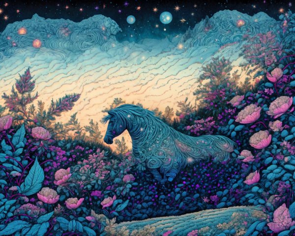 Dreamlike Landscape with Horse and Starry Sky
