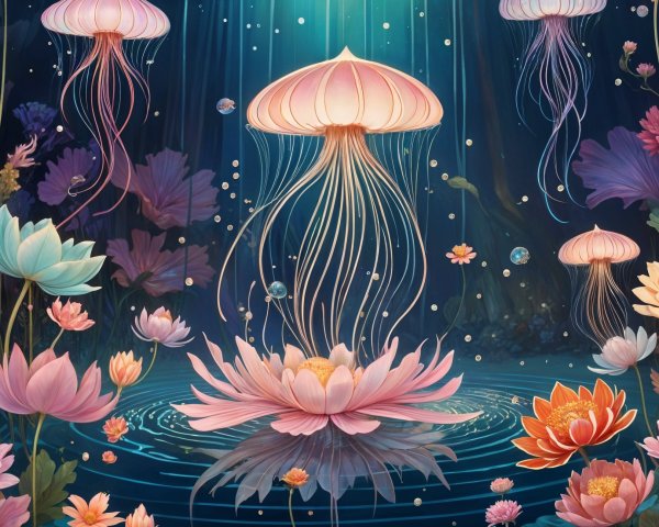 Underwater Scene with Glowing Jellyfish and Lotus Flowers
