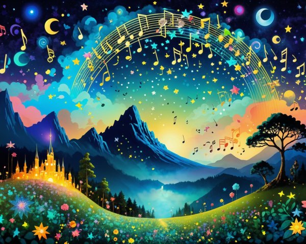 Vibrant Dreamlike Landscape with Colorful Mountains
