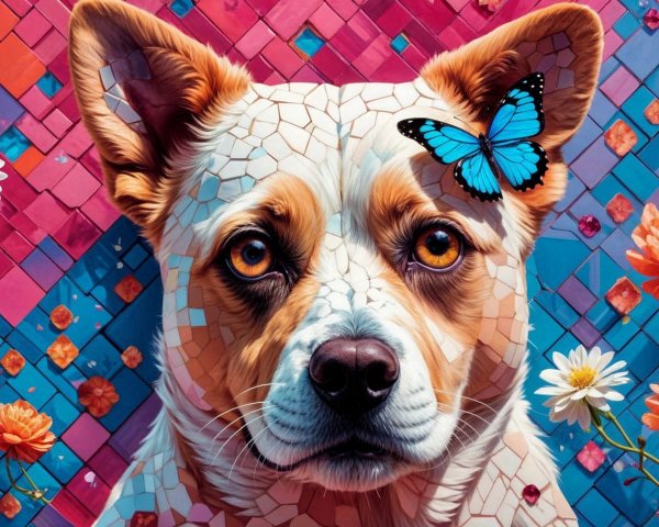 Vibrant Mosaic Dog with Butterfly and Flowers