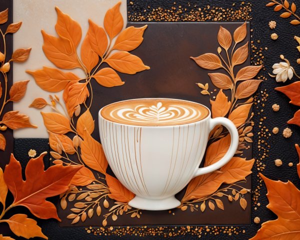 Cozy Coffee Scene with Autumn Leaf Design