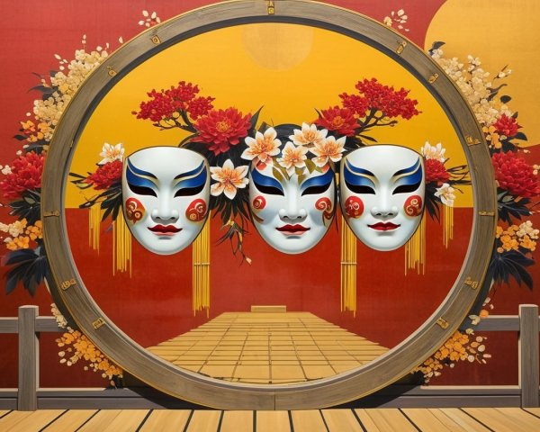 Theatrical Masks with Floral Design on Red Background