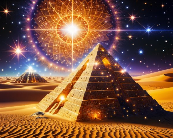 Surreal Desert Landscape with Celestial Pyramids