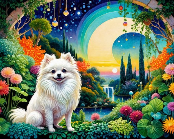 Fluffy Pomeranian in a Vibrant Fantasy Garden