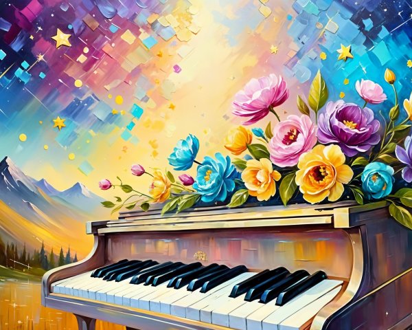 Vibrant Scene of Piano with Flowers and Starry Sky