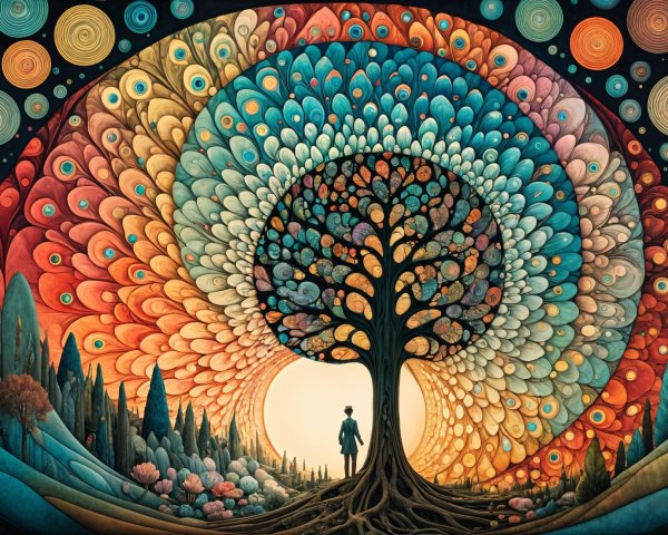 Intricate Tree with Colorful Peacock Patterns in Landscape