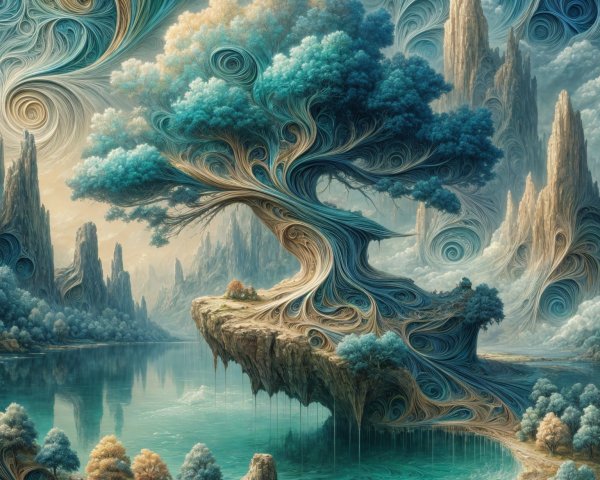 Majestic Tree on Floating Rock in Ethereal Landscape