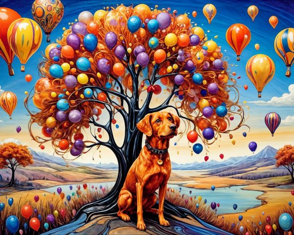 Golden Retriever Under Colorful Balloons and Trees