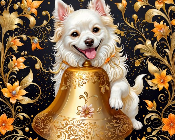 Cheerful White Dog with Golden Bell and Floral Designs