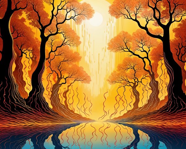 Vibrant Autumn Forest Scene with Reflective River