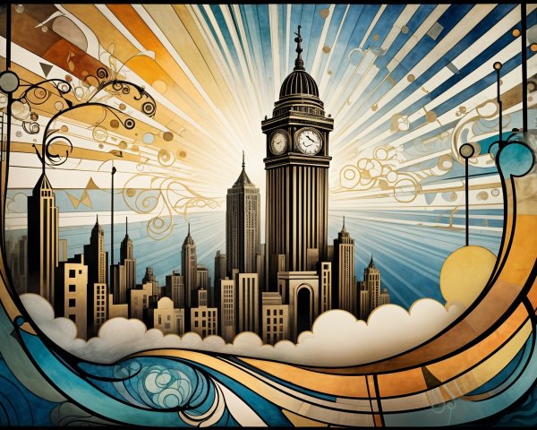 Stylized City Skyline with Clock Tower and Skyscrapers