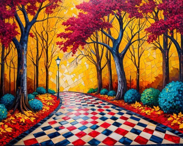 Autumn Forest Path with Colorful Tiles and Lamp