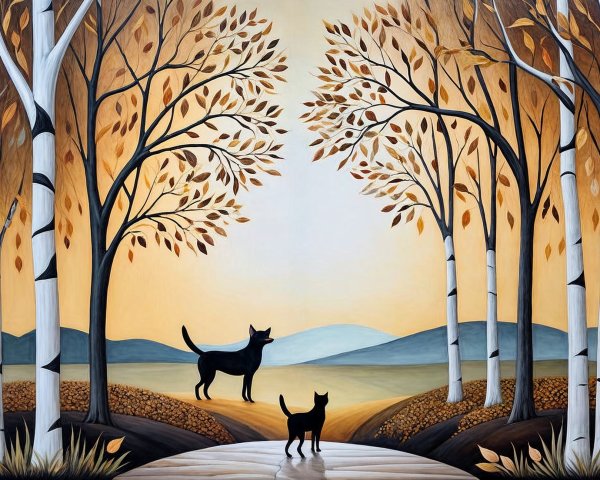 Autumn Landscape with Two Black Dogs and Golden Trees