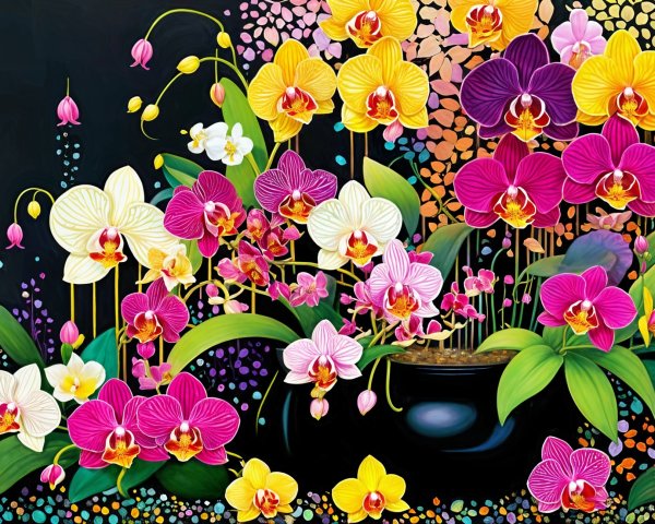Colorful Orchids Arrangement on Black Background