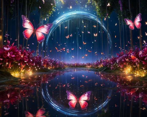 Whimsical Garden Scene with Ethereal Lighting and Flowers