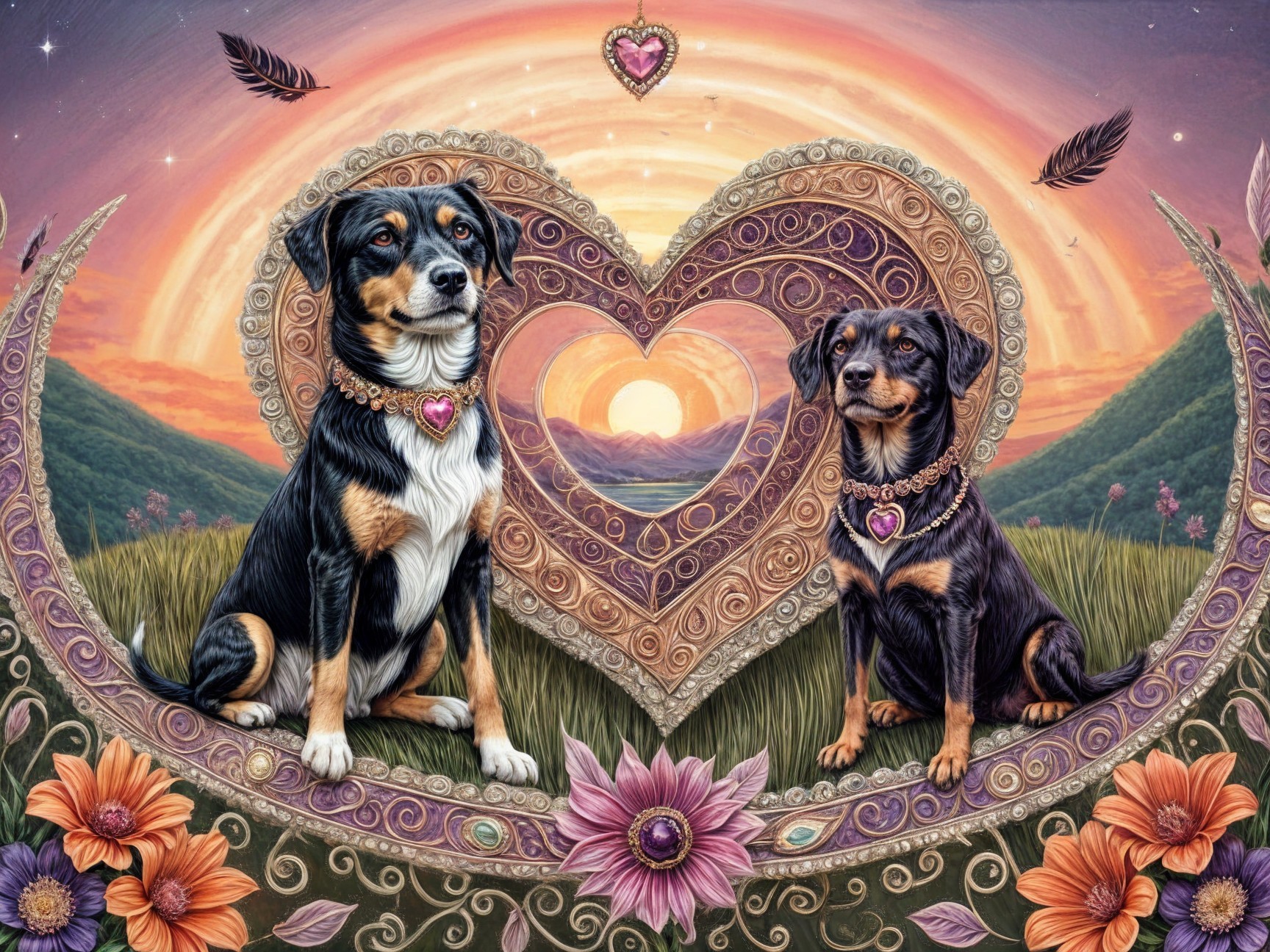 Two Dogs in Heart Shape with Floral Patterns